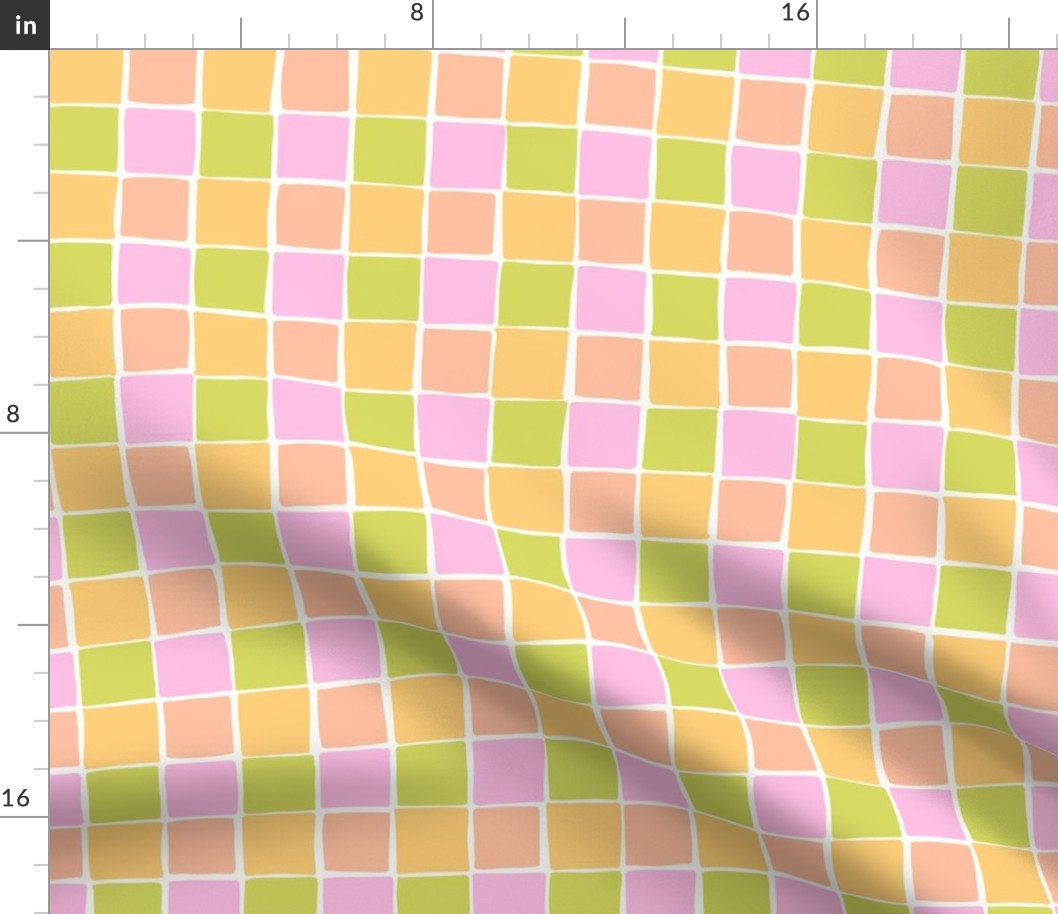 Checks - hand drawn squares - soft yellow_ pink_ peach and green - medium