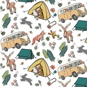Camping woodland animals tossed | campervan badger fox deer | gender neutral kids on white | small scale 