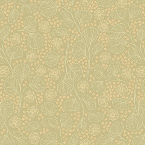 Delicate Hand-Drawn Eucalyptus Leaves and Flowers Green, Lemon Yellow