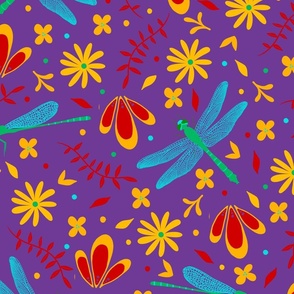 Green Dragonflies With Orange and Red Flowers on a Purple Background