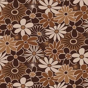 Retro Funky Flowers in Earth Tones // Spoonflower Colors: Sand, Santa Fe, Saddle, Dark Oak // V1 // Medium Scale - 300 DPI