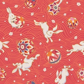 Playful Japanese Rabbits on radiant red