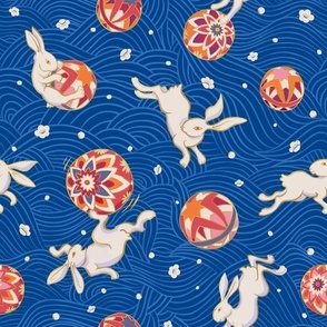 Playful Japanese Rabbits on cobalt blue