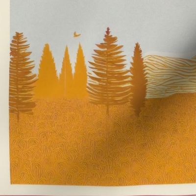 risograph square landscape 4 up Magenta Tan Yellow Red Pine Trees Alpine