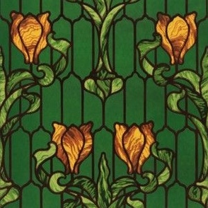 1900 Vintage Art Nouveau Stained Glass Tulips - Original Colors