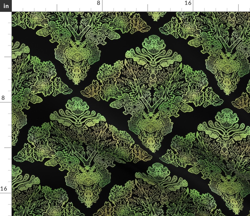 Variegated Green Moss and Lichen Damask on Black