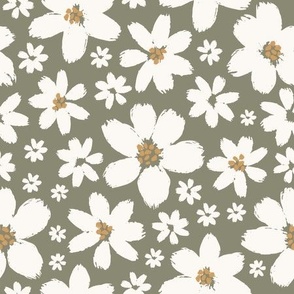 Sweet Pea Floral White Flowers on Olive Large