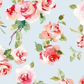 Soft Roses Watercolor Florals Large Fabric Wallpaper White Red Pink Green Baby Blue