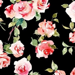 Soft Roses Watercolor Florals Large Fabric Wallpaper White Red Pink Green Black