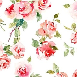 Soft Roses Watercolor Florals Large Fabric Wallpaper White Red Pink Green
