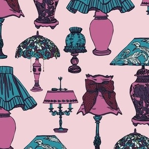 Ornamental lamps and lampshades for bedroom and powder room_plum and teal on pink.