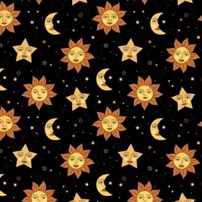 Nineties moon and sun modernist faces - mystic stars and universe theme vintage style freehand illustration golden yellow on black night SMALL
