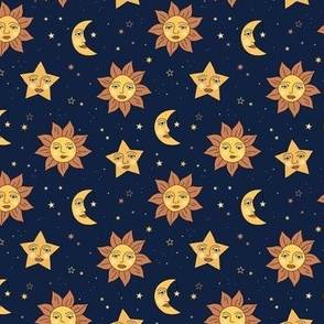 Nineties moon and sun modernist faces - mystic stars and universe theme vintage style freehand illustration golden yellow on navy blue SMALL