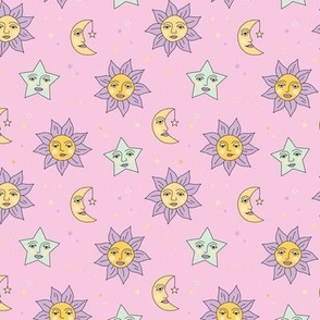 Nineties moon and sun modernist faces - mystic stars and universe theme vintage style freehand illustration nineties pastel palette pink lilac mint yellow SMALL