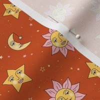 Nineties moon and sun modernist faces - mystic stars and universe theme vintage style freehand illustration golden yellow pink on burnt orange SMALL