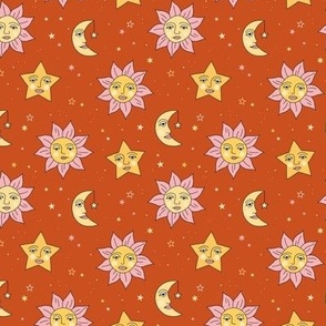 Nineties moon and sun modernist faces - mystic stars and universe theme vintage style freehand illustration golden yellow pink on burnt orange SMALL