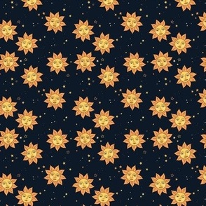 Vintage mystic happy sun - modernist smiley sunny day and stars on navy blue night SMALL