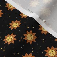 Vintage mystic happy sun - modernist smiley sunny day and stars on black night SMALL