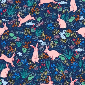 Rabbits in the meadows - navy, pink, green