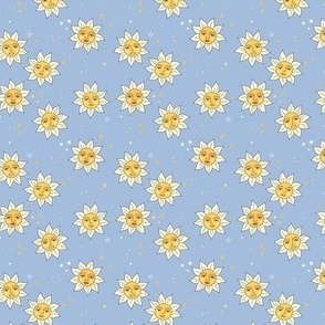 Vintage mystic happy sun - modernist smiley sunny day and stars on cool blue SMALL