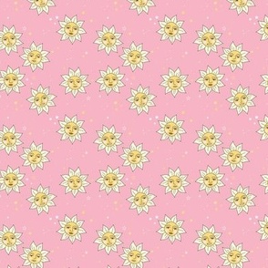 Vintage mystic happy sun - modernist smiley sunny day and stars on pink SMALL
