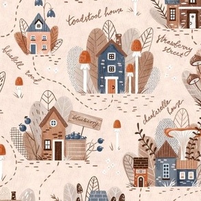 Cozy fall pattern with Houses, mushrooms, berries and flowers on light peach