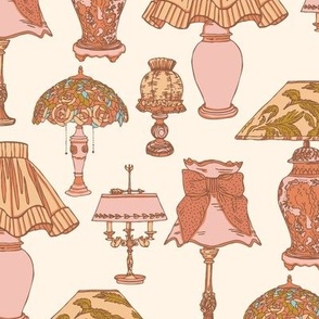 Ornamental lamps and lampshades, wallpaper for bedroom and powder room _peach on ivory. 