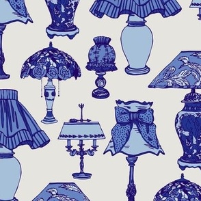 Ornamental lamps and lampshades, wallpaper for your kitchen_blue delft on white smoke background.