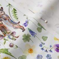 10" Hand Painted Rabbits in Springflower Watercolor Meadow 