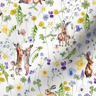 10" Hand Painted Rabbits in Springflower Watercolor Meadow 