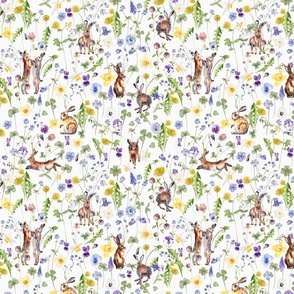 10" Hand Painted Rabbits in Springflower Watercolor Meadow 