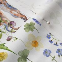 14" Hand Painted Rabbits in Springflower Watercolor Meadow 