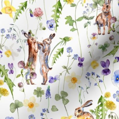 14" Hand Painted Rabbits in Springflower Watercolor Meadow 