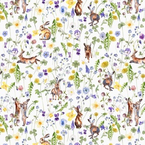 14" Hand Painted Rabbits in Springflower Watercolor Meadow 