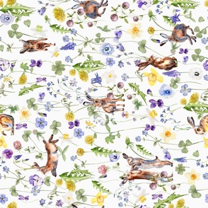 21" turned left Hand Painted Rabbits in Springflower Watercolor Meadow 