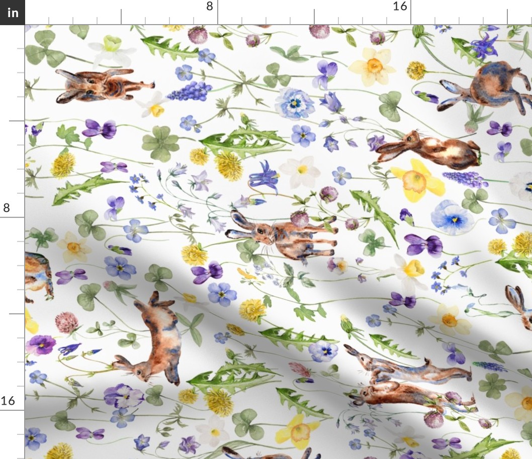 21" turned left Hand Painted Rabbits in Springflower Watercolor Meadow 