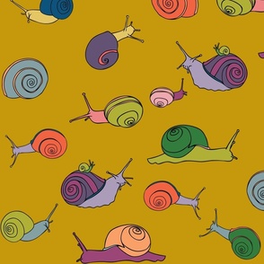large - snails in rainbow on mustard yellow