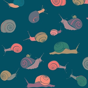 large - snails in rainbow on dark teal blue