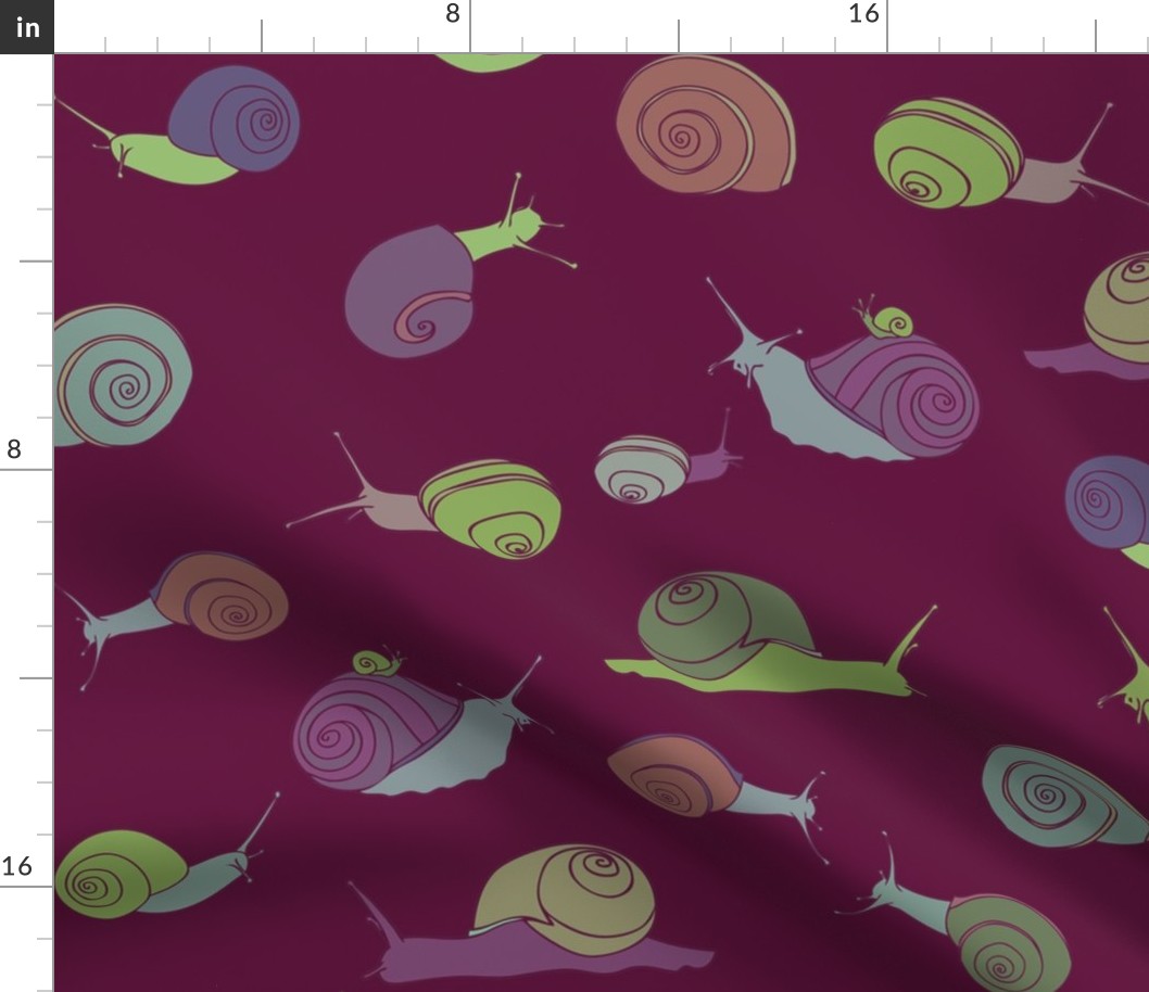 large - snails in rainbow on wine red