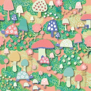 Turtles in the Forest with Flowers Pink Teal White Large Wallpaper Bedding