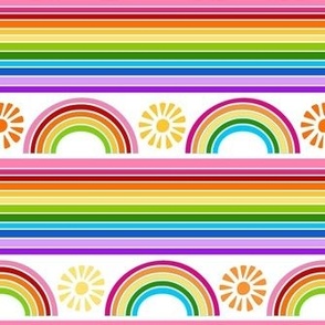 Medium Scale Color Your World Rainbow Stripes and Sunshine on White