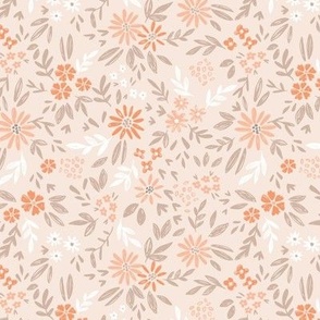 Medium| Ditsy floral design with hand drawn coral pink and orange peach flowers On light pink