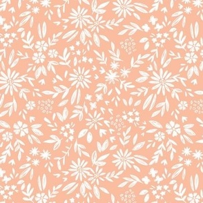 Medium| Tossed white flowers and leaves on orange pink background 