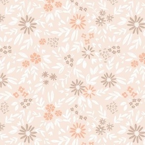 Medium| Ditsy floral design with hand drawn coral pink and orange peach flowers