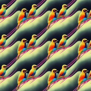 cartoon birds on psychedelic background