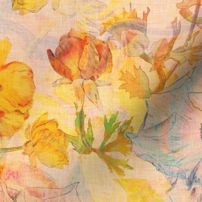 Vintage botanical Ranunculus flowers in pink, yellow, orange and peach on a cream marbled background with linen texture.