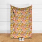 Vintage botanical Ranunculus flowers in pink, yellow, orange and peach on a cream marbled background with linen texture.