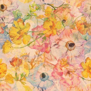 Vintage botanical Ranunculus flowers in pink, yellow, orange and peach on a cream marbled background with linen texture.