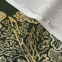 Mosses: Golden Moss and Lichen Damask on Dark Green Black