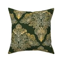 Mosses: Golden Moss and Lichen Damask on Dark Green Black